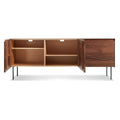 Blu Dot Clad 3 Door Credenza in Walnut/Oblivion open view showing adjustable interior shelves with black steel case on white background