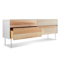 Blu Dot Clad 4 Drawer Dresser in Hickory/White open drawer view showing hickory drawer fronts with white steel case on white background
