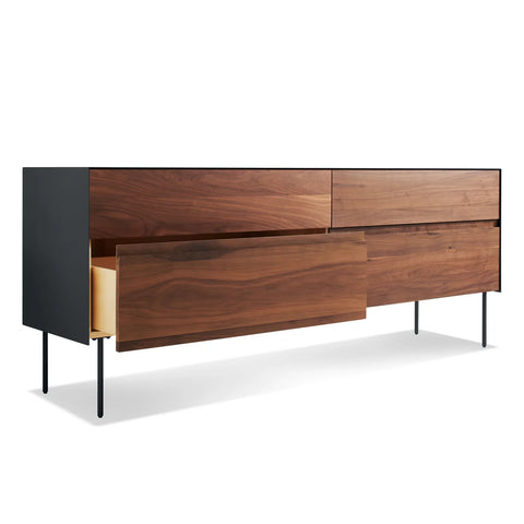 Blu Dot Clad 4 Drawer Dresser in Walnut/Oblivion open drawer view showing walnut drawer fronts with black steel case on white background