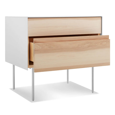 Blu Dot Clad Nightstand in Hickory/White open drawer view showing hickory drawers with white steel case on white background