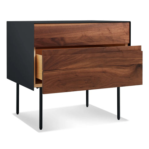 Blu Dot Clad Nightstand in Walnut/Oblivion open drawer view showing walnut drawers with black steel case on white background