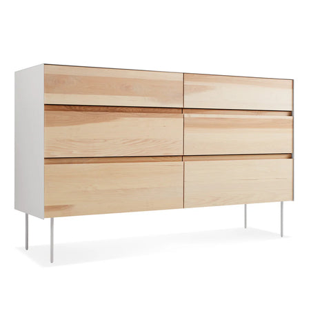 Blu Dot Clad 6 Drawer Dresser in Hickory/White three-quarter view showing solid hickory drawer fronts with white steel case on white background