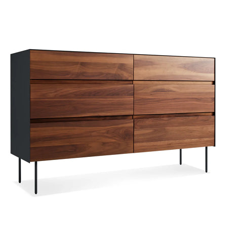 Blu Dot Clad 6 Drawer Dresser in Walnut/Oblivion three-quarter view showing solid walnut drawer fronts with black steel case on white background