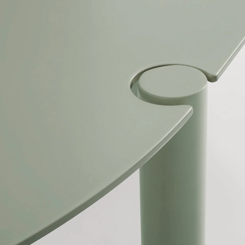 Comeuppance Round Dining Table by Blu Dot in Grey Green, tabletop leg connection detail