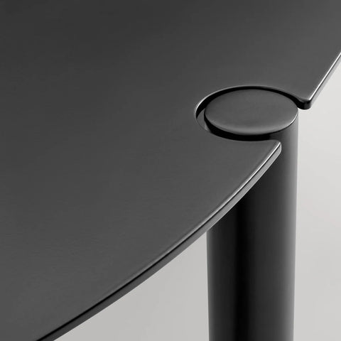 Comeuppance Round Dining Table by Blu Dot in Oblivion, tabletop leg connection detail