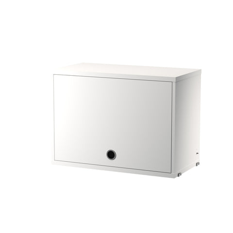 String® System cabinet with flip door in white lacquered finish, customizable shelving component