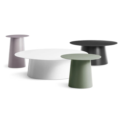 Circula collection by Blu Dot in White, Grey Green, Oblivion, and Bubblegum powder-coated aluminum, showing large coffee table, small coffee table, and tall side table sizes
