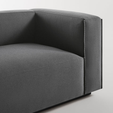 Blu Dot Cleon 96" Sofa in Maharam Meld in Panda detail shot showing generous arm and zig-zag stitching