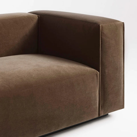 Blu Dot Cleon 74" Sofa in coffee velvet detail shot showing generous arm and zig-zag stitching
