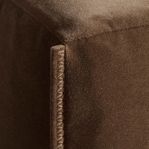 Blu Dot Cleon 74" Sofa in coffee velvet close-up detail showing velvet texture and zig-zag seam stitching
