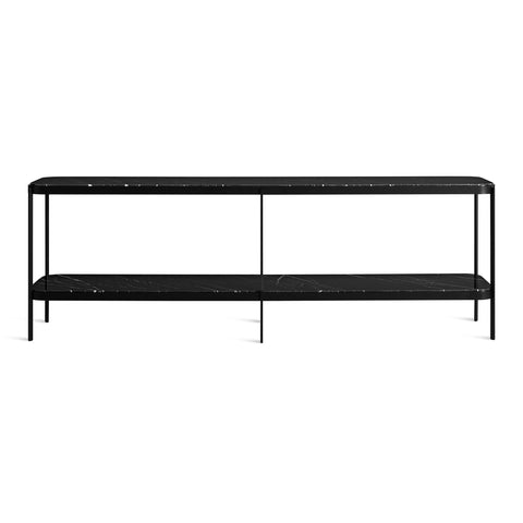 comehither long and low console table by Blu Dot in black powder coated steel frame and black marble 
