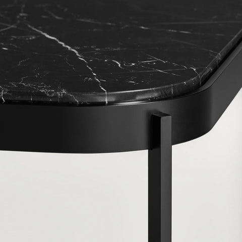 Blu Dot ComeHither Side Table in black marble and matte black steel — close-up of rounded corner showing marquina marble top and powder-coated frame detail