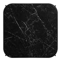 Blu Dot ComeHither Side Table — overhead view of black marquina marble top with white veining and rounded square silhouette, matte black steel frame visible at corners