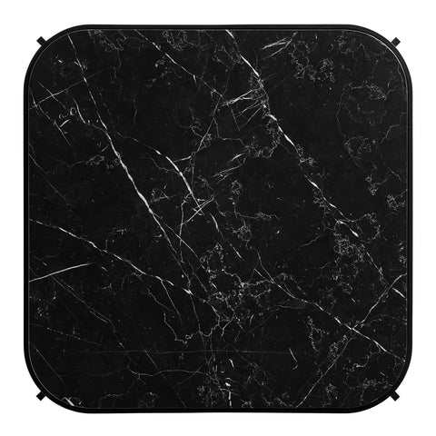 Blu Dot ComeHither Side Table — overhead view of black marquina marble top with white veining and rounded square silhouette, matte black steel frame visible at corners