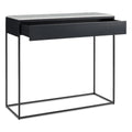 Blu Dot Construct 1 Drawer Console in Carrara marble top and black powder-coated steel frame, shown with soft-close drawer open revealing full-width interior storage