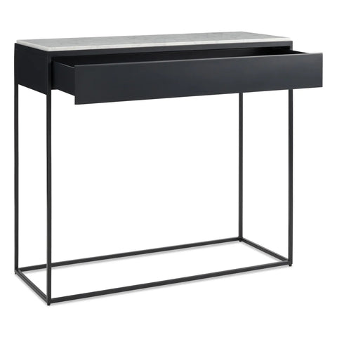 Blu Dot Construct 1 Drawer Console in Carrara marble top and black powder-coated steel frame, shown with soft-close drawer open revealing full-width interior storage