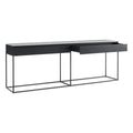 Blu Dot Construct 2 Drawer Console in Carrara marble top and black powder-coated steel frame, shown at an angle with one of the two soft-close drawers open