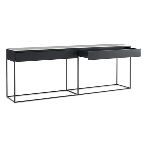 Blu Dot Construct 2 Drawer Console in Carrara marble top and black powder-coated steel frame, shown at an angle with one of the two soft-close drawers open