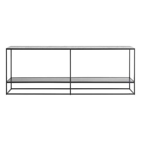 construct console by Blu Dot in marble top and black powder coated steel frame 