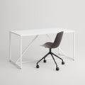 Blu Dot Clean Cut Task Chair in oblivion painted wood seat with black powder-coated aluminum five-star caster base, styled beside a white steel frame desk