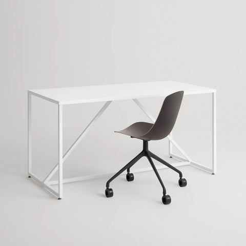 Blu Dot Clean Cut Task Chair in oblivion painted wood seat with black powder-coated aluminum five-star caster base, styled beside a white steel frame desk