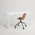 Blu Dot Clean Cut Task Chair in walnut veneer with black powder-coated aluminum five-star caster base, styled beside a white steel frame desk
