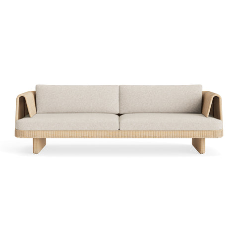 Loophole Outdoor 3 Seat Sofa by Blu Dot in all-weather rattan with Sunbrella Stucco cushions, front view