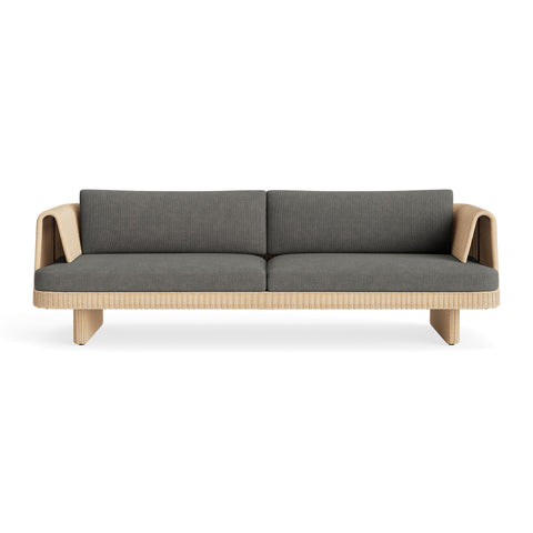 Loophole Outdoor 3 Seat Sofa by Blu Dot in all-weather rattan with Toohey Charcoal Sunbrella cushions, front view