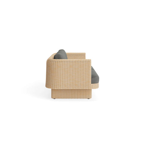Loophole Outdoor 3 Seat Sofa by Blu Dot in Toohey Charcoal, side view showing rattan frame profile
