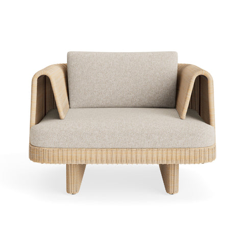 Loophole Outdoor Lounge Chair by Blu Dot in all-weather rattan with Sunbrella Stucco cushion, front view