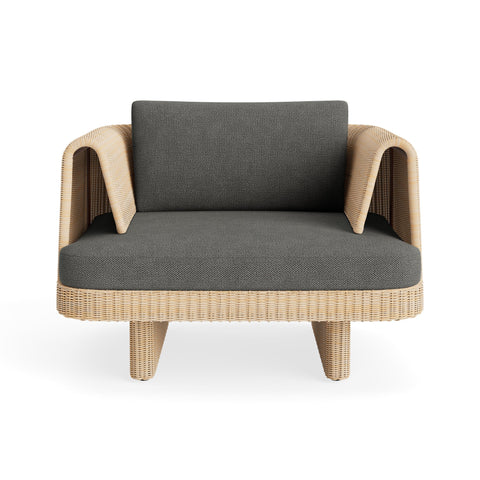 Loophole Outdoor Lounge Chair by Blu Dot in all-weather rattan with Toohey Charcoal Sunbrella cushion, front view