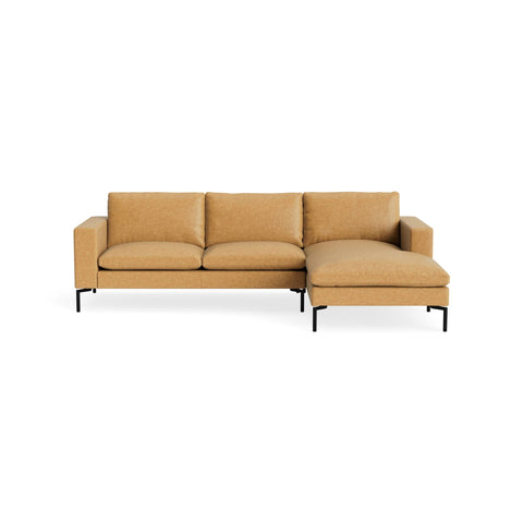 New Standard Sofa with Chaise by Blu Dot in Camel Leather with Black legs, right-facing, upholstery detail