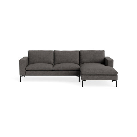 New Standard Sofa with Chaise by Blu Dot in Kelso Charcoal with Black legs, right-facing, upholstery detail