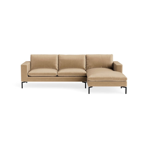 New Standard Sofa with Chaise by Blu Dot in Camel Velvet with Black legs, right-facing, upholstery detail