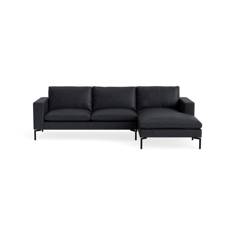 New Standard Sofa with Chaise by Blu Dot in Granite Leather with Black legs, right-facing, upholstery detail