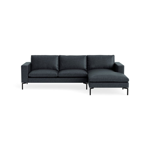New Standard Sofa with Chaise by Blu Dot in Ink Leather with Black legs, right-facing, upholstery detail