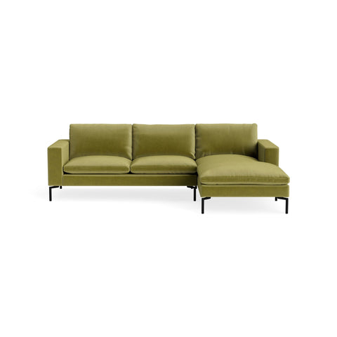 New Standard Sofa with Chaise by Blu Dot in Loden Green and Velvet with Black legs, right-facing, upholstery detail