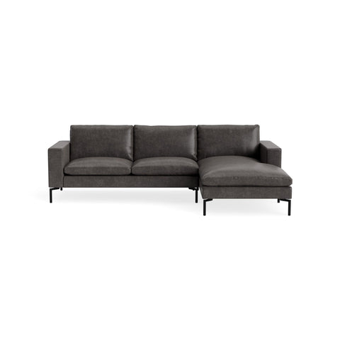 New Standard Sofa with Chaise by Blu Dot in Slate Leather with Black legs, right-facing, upholstery detail