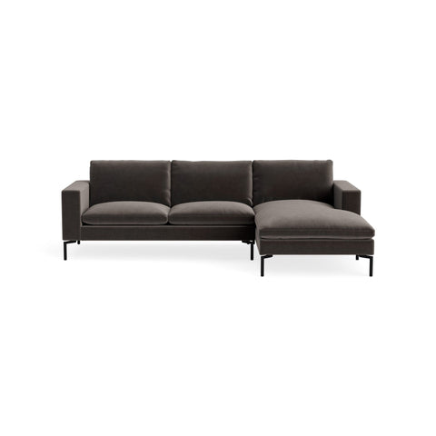 New Standard Sofa with Chaise by Blu Dot in Storm Velvet with Black legs, right-facing, upholstery detail