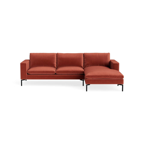 New Standard Sofa with Chaise by Blu Dot in Tomato Velvet with Black legs, right-facing, upholstery detail