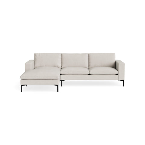 New Standard Sofa with Chaise by Blu Dot in Slyvan Bone with Black legs, left-facing, upholstery detail