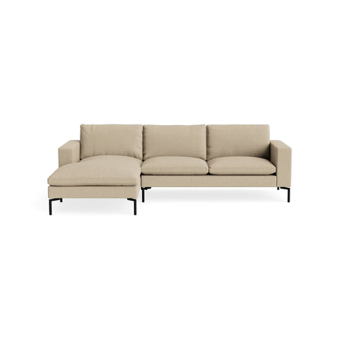 New Standard Sofa with Chaise by Blu Dot in Kelso Camel with Black legs, left-facing, upholstery detail