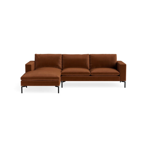 New Standard Sofa with Chaise by Blu Dot in Copper Velvet with Black legs, left-facing, upholstery detail