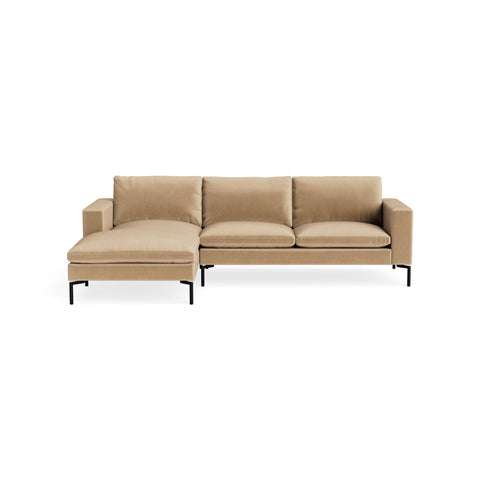 New Standard Sofa with Chaise by Blu Dot in Camel Velvet with Black legs, left-facing, upholstery detail