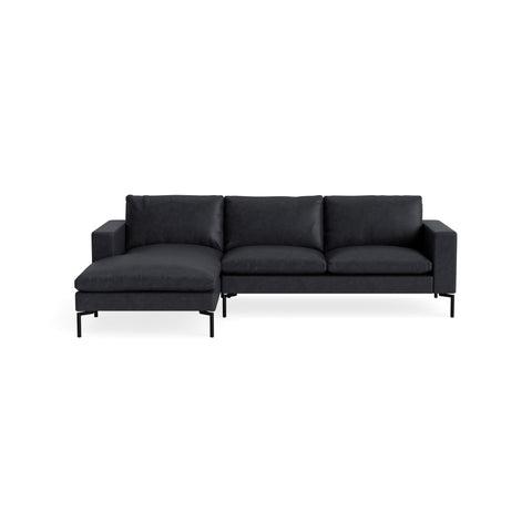 New Standard Sofa with Chaise by Blu Dot in Granite Leather with Black legs, left-facing, upholstery detail