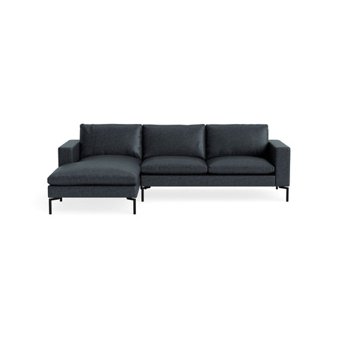 New Standard Sofa with Chaise by Blu Dot in Ink Leather with Black legs, left-facing, upholstery detail