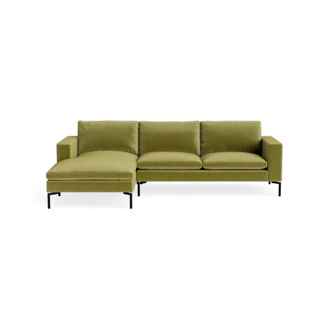 New Standard Sofa with Chaise by Blu Dot in Loden Green and Velvet with Black legs, left-facing, upholstery detail