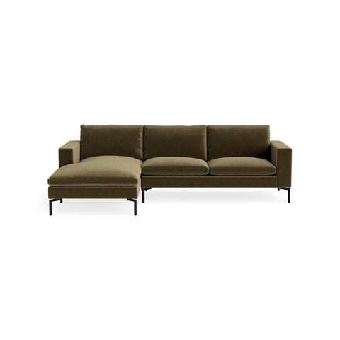 New Standard Sofa with Chaise by Blu Dot in Moss Velvet with Black legs, left-facing, upholstery detail