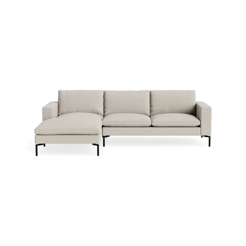 New Standard Sofa with Chaise by Blu Dot in Kelso Sand with Black legs, left-facing, upholstery detail