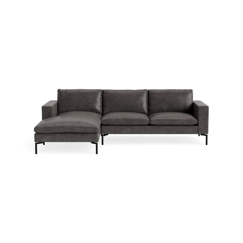 New Standard Sofa with Chaise by Blu Dot in Slate Leather with Black legs, left-facing, upholstery detail